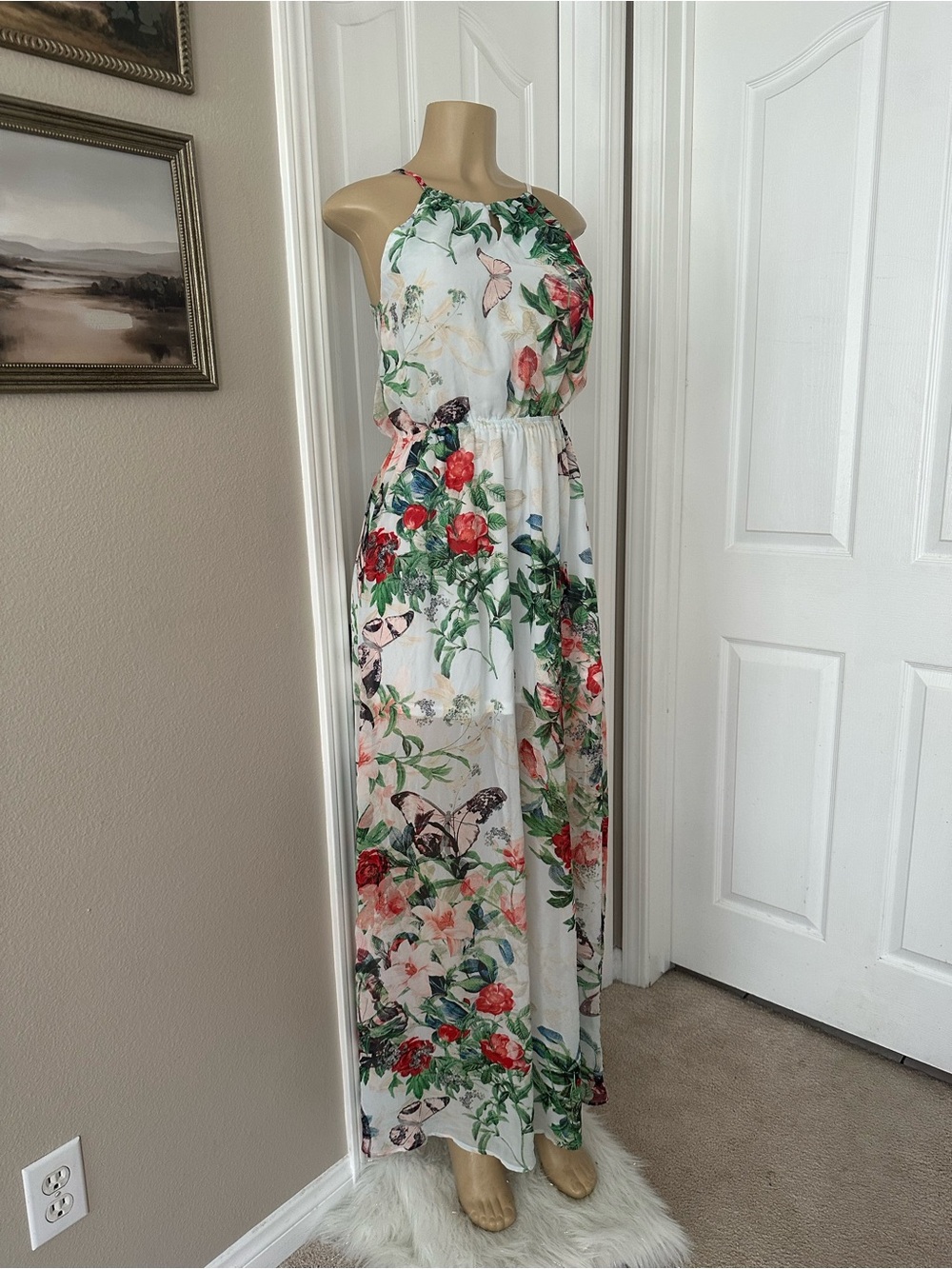 Fate White Floral Halter Maxi Dress with Red & Green Print